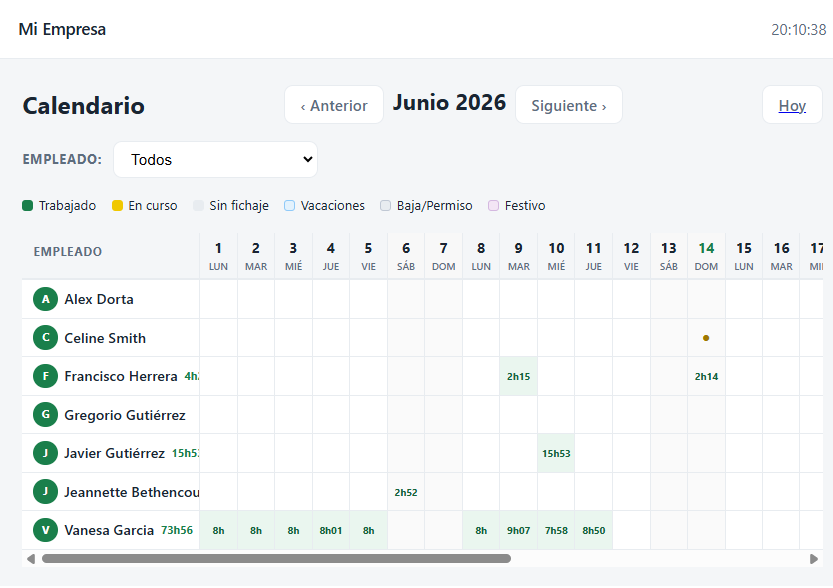 Calendario / Empleados / Horas trabajadas